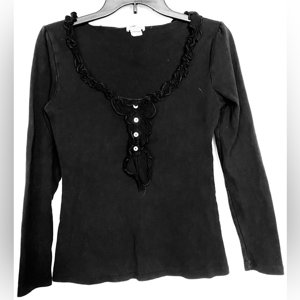 Boston Proper Ribbed Knit Pullover Top with Ruffle Scoop Neck, Size M